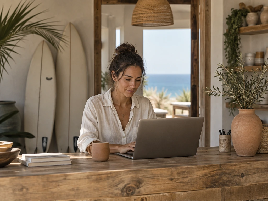 Illustrative coastal retreat owner working at her desk